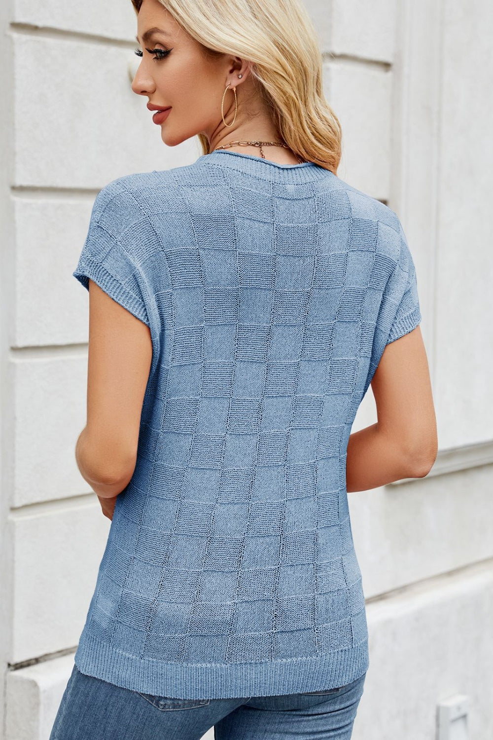 Checkered Round Neck Short Sleeve Knit Top - felvior