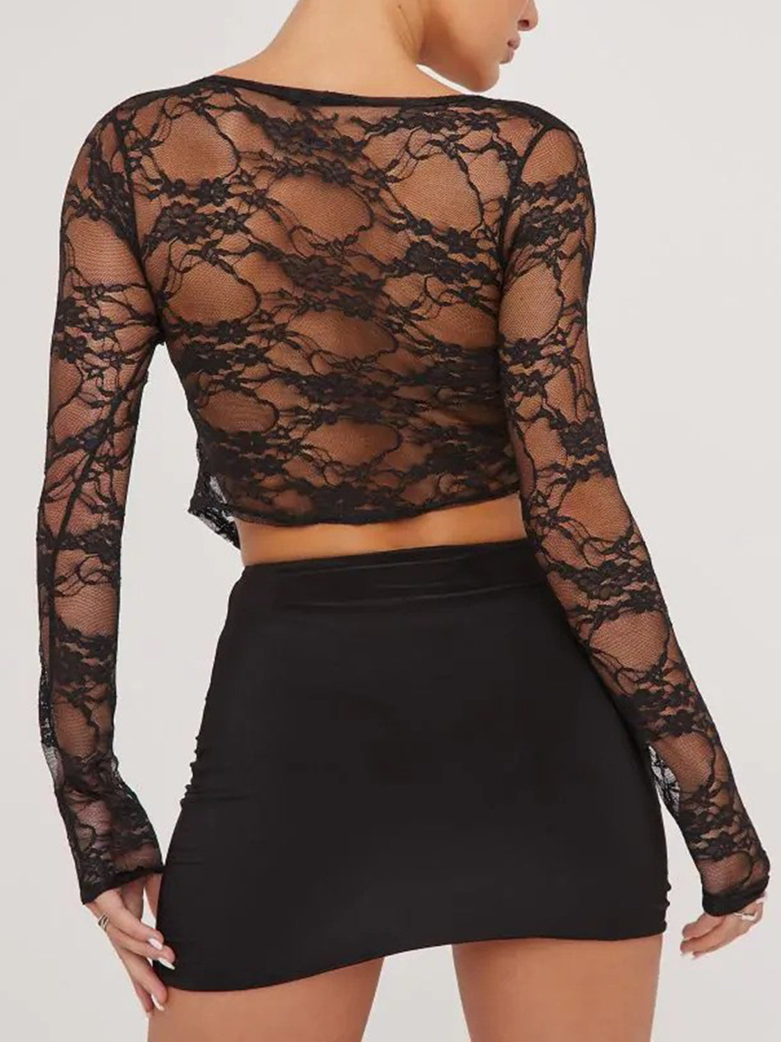 Tied Plunge Long Sleeve Lace Cropped Shirt - felvior