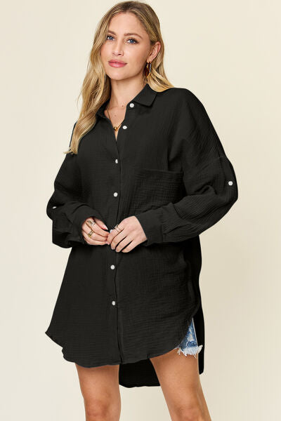 Double Take Full Size Pocketed Texture Button Up Shirt - felvior