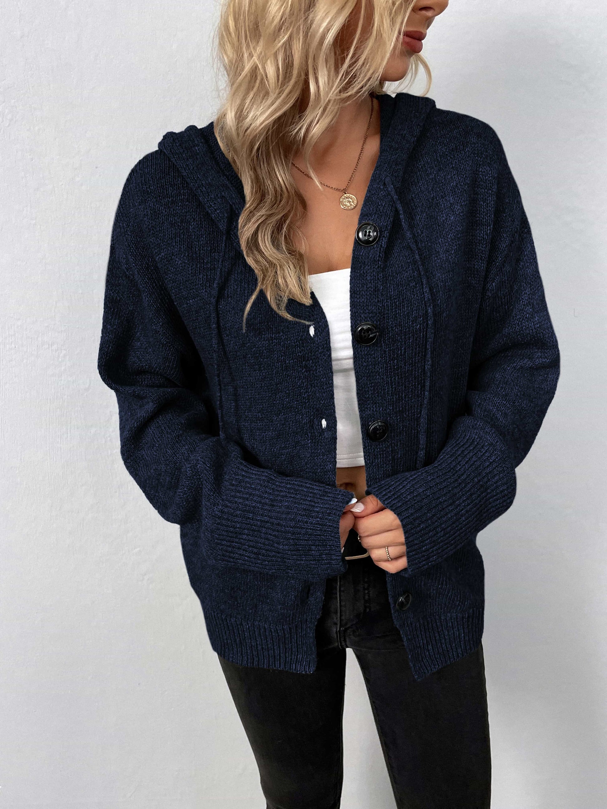 Button-Down Long Sleeve Hooded Sweater - felvior