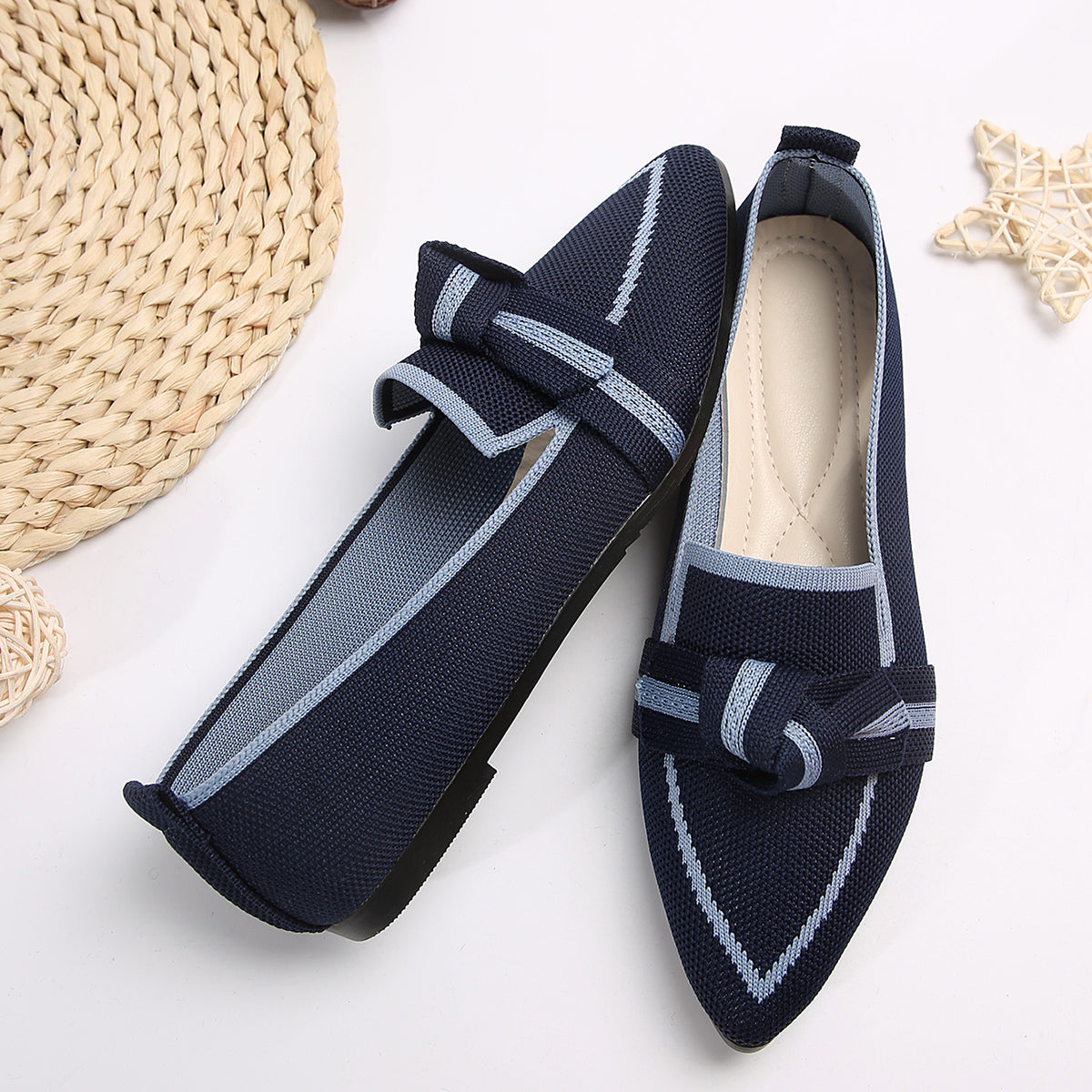 Bow Contrast Trim Point Toe Loafers - felvior