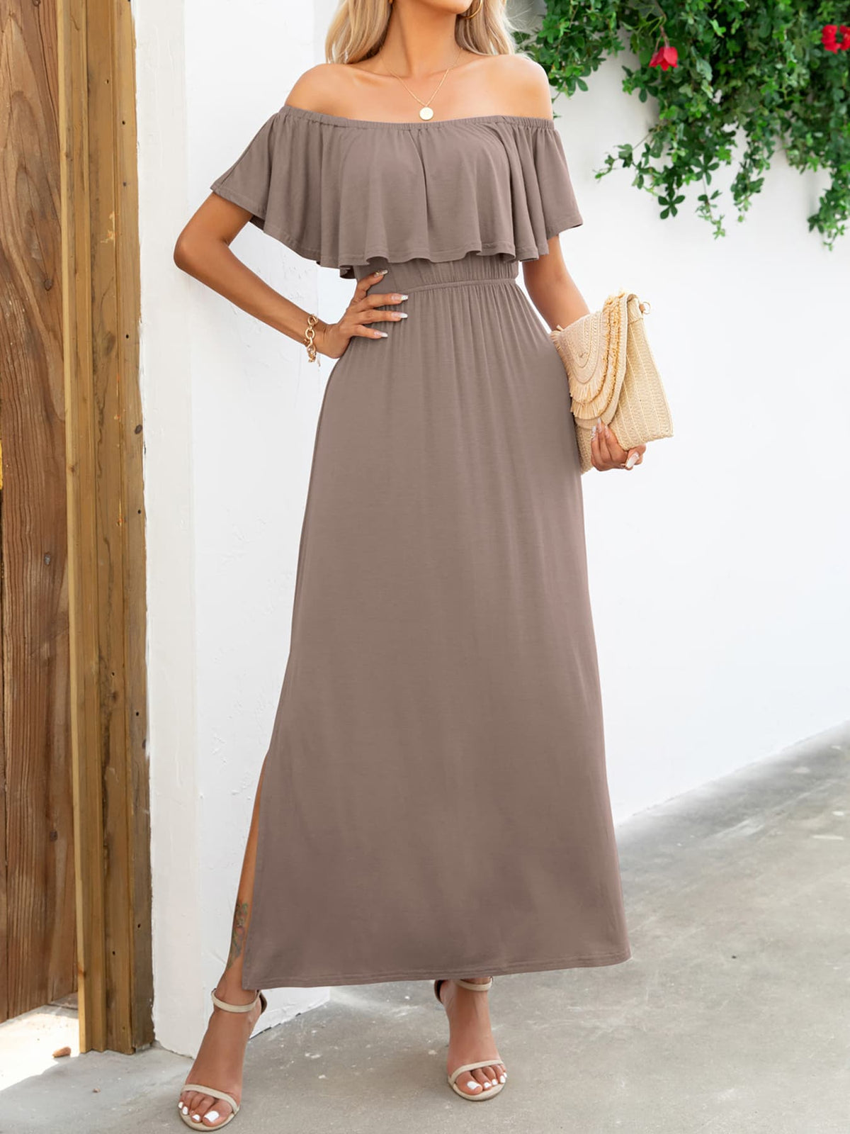 Off-Shoulder Slit Maxi Dress - felvior