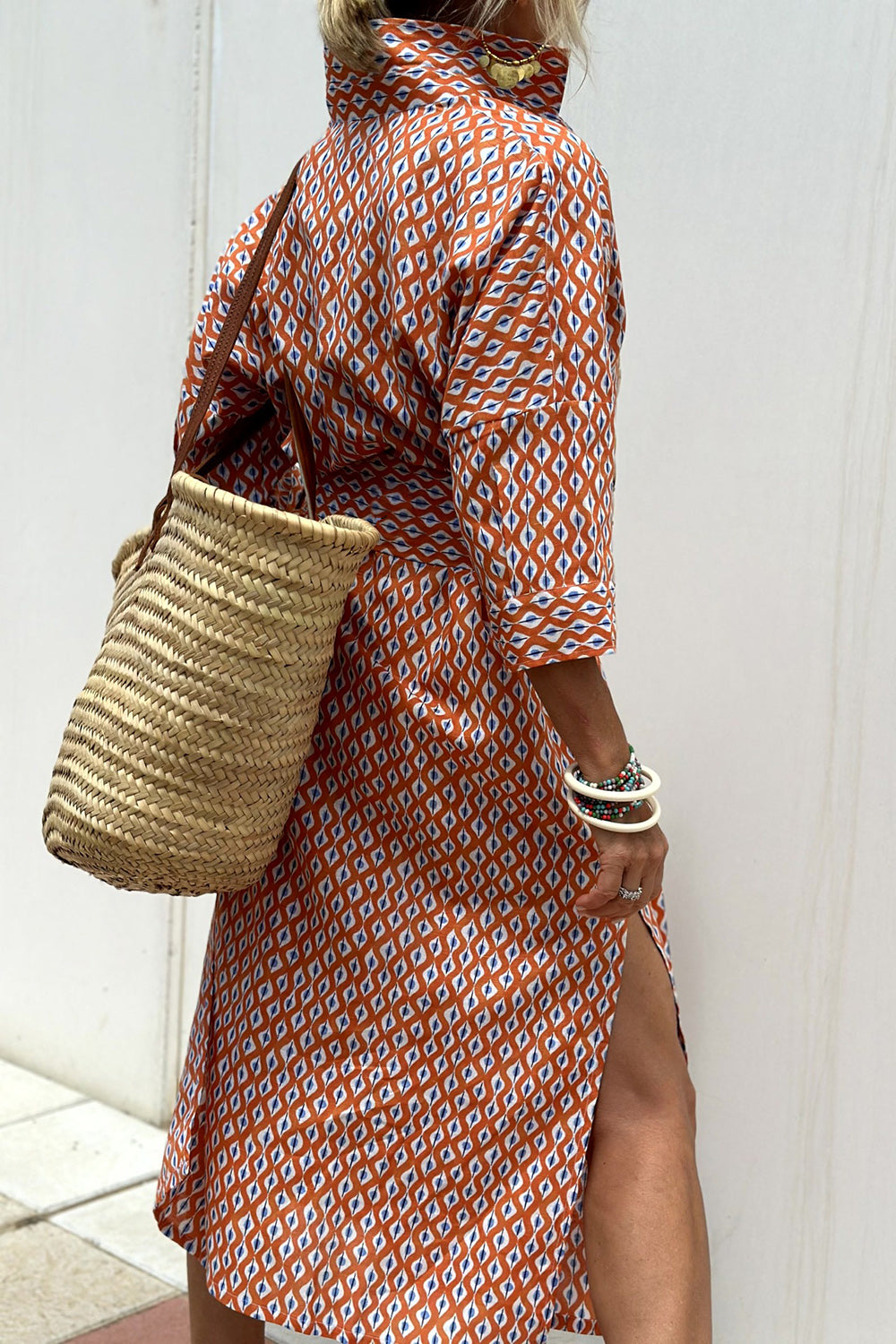 Tied Button Up Three-Quarter Sleeve Dress - felvior