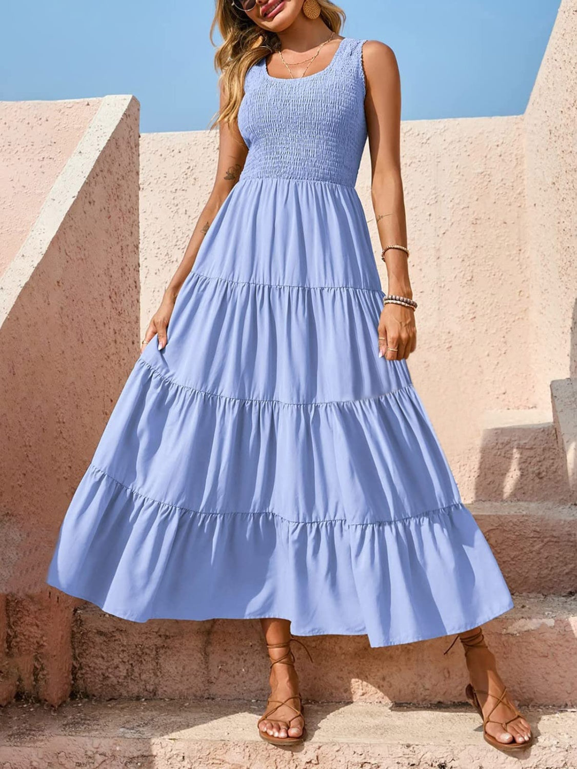 Tiered Smocked Wide Strap Dress - felvior