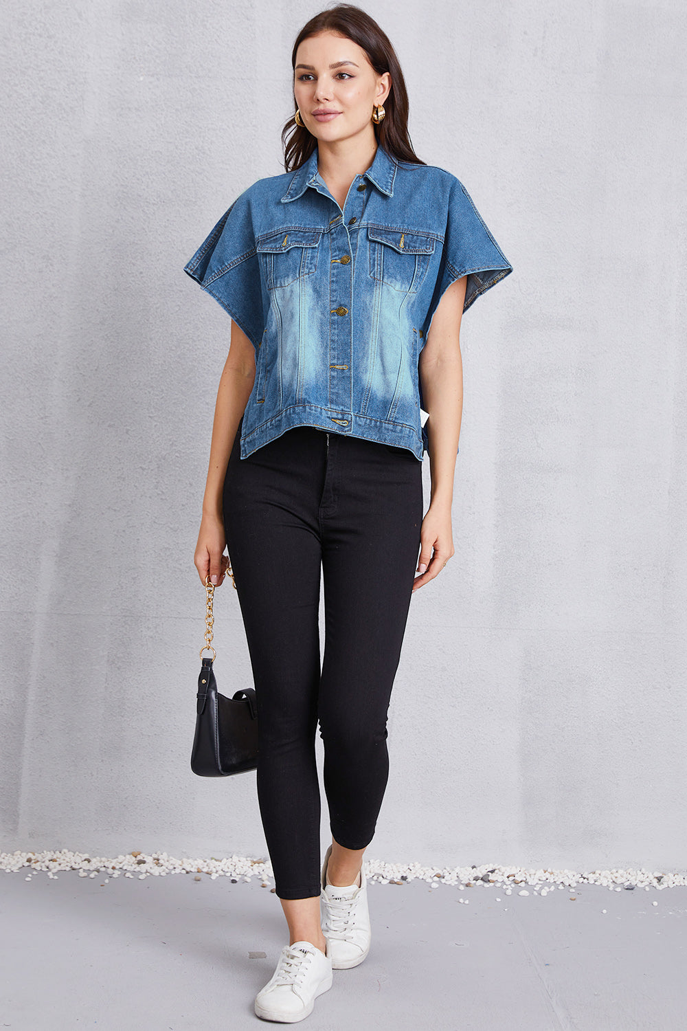 Pocketed Button Up Short Sleeve Denim Top - felvior
