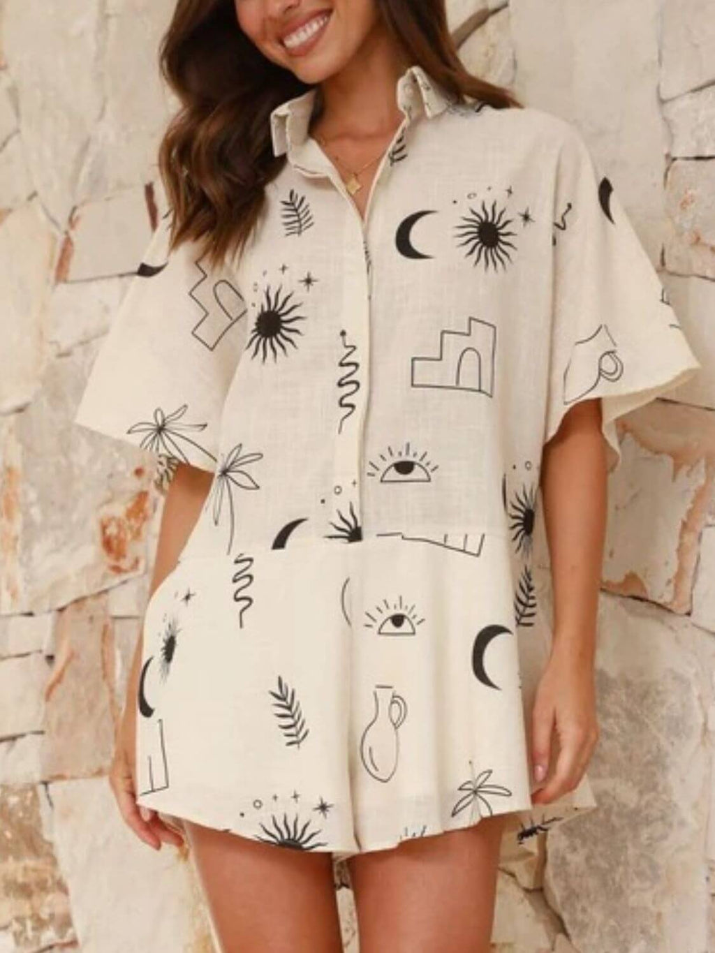 Printed Collared Neck Half Sleeve Romper