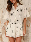 Printed Collared Neck Half Sleeve Romper - felvior