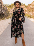 Plus Size Floral Flare Sleeve Dress - felvior