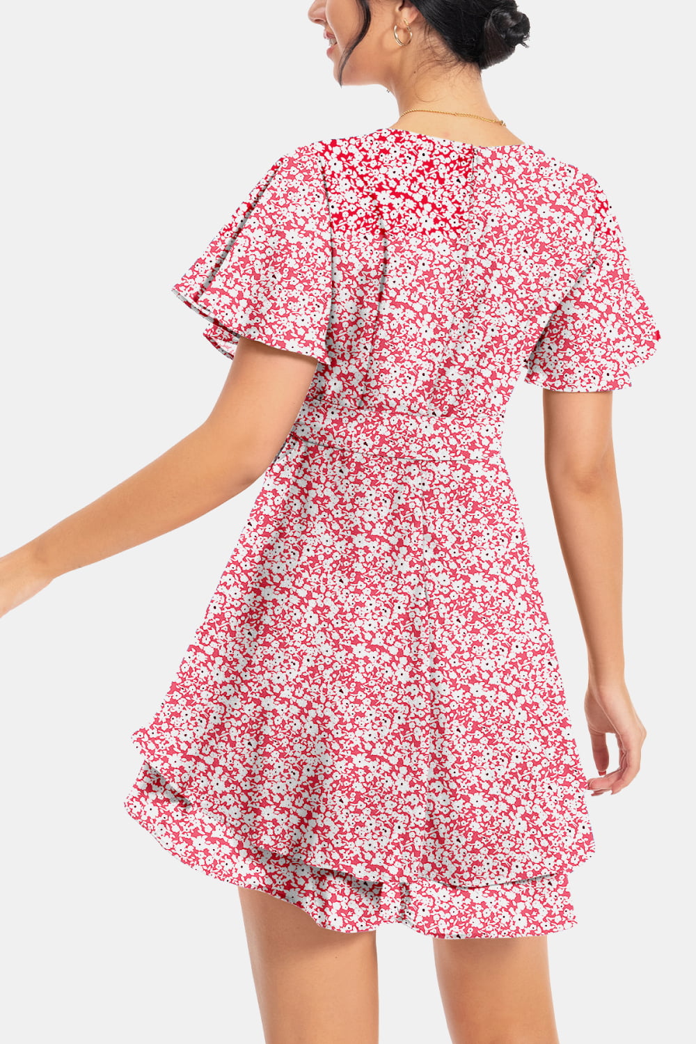 Surplice Neck Flutter Sleeve Dress - felvior