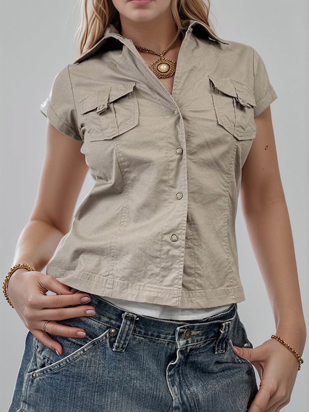 Devine Collared Neck Short Sleeve Shirt - felvior