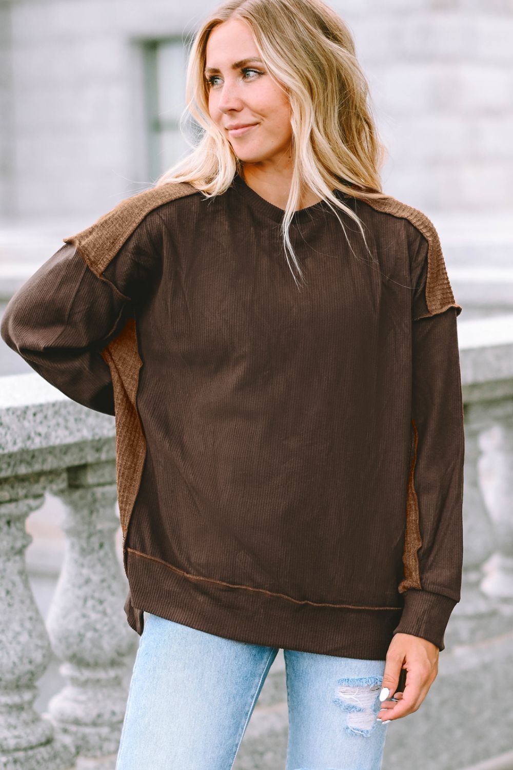 Ribbed Exposed Seam Dropped Shoulder Blouse - felvior