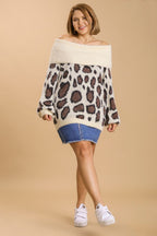 Umgee Full Size Leopard Off-Shoulder Long Sleeve Sweater Plus Size