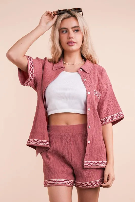 VERY J Crinkled Woven Shirt Top & Shorts Set - felvior