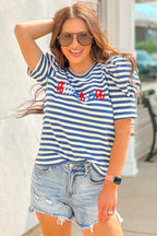 AMERICA Striped Round Neck Puff Sleeve Top
