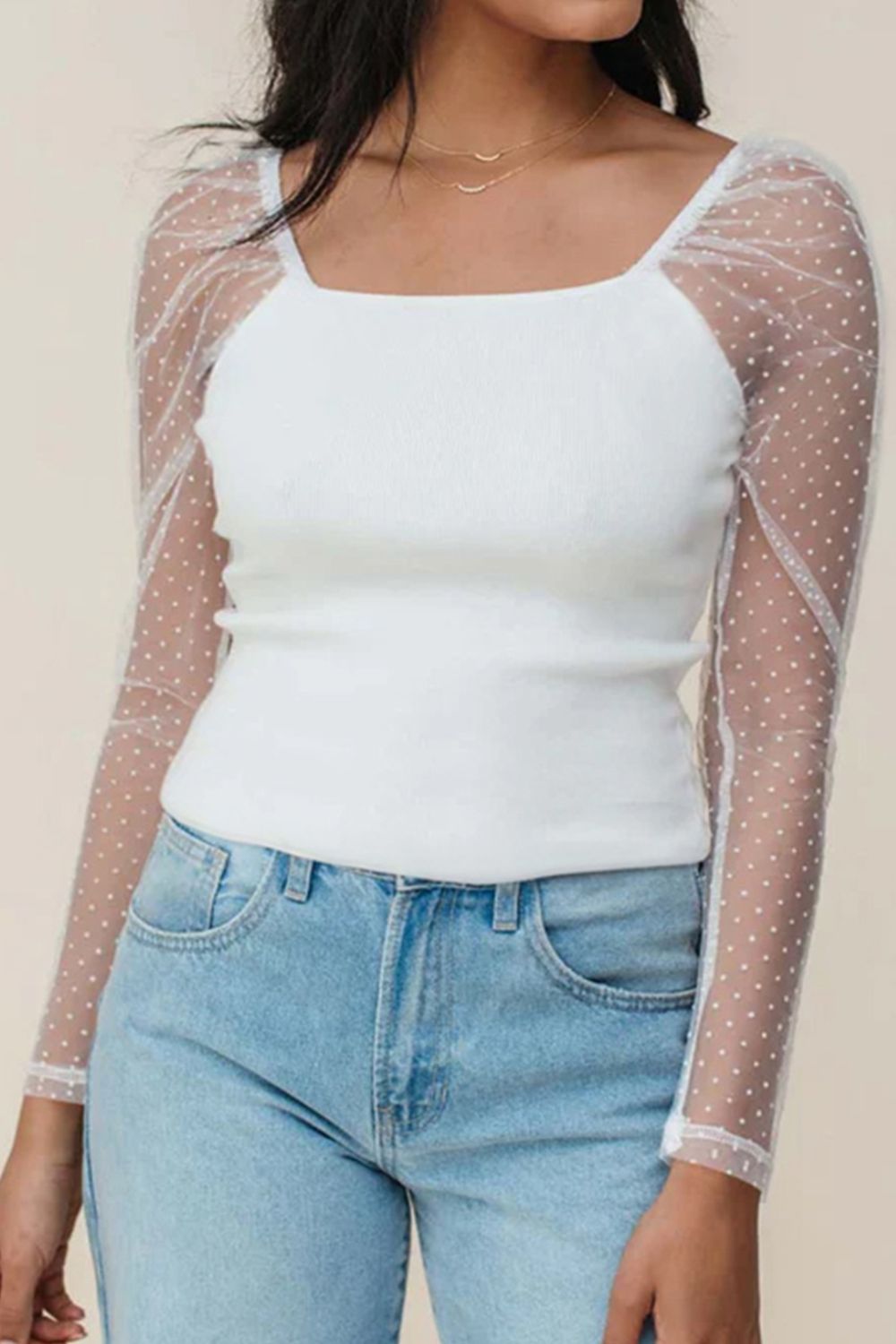 Swiss Dot Mesh Long Sleeve Square Neck Slim Top - felvior