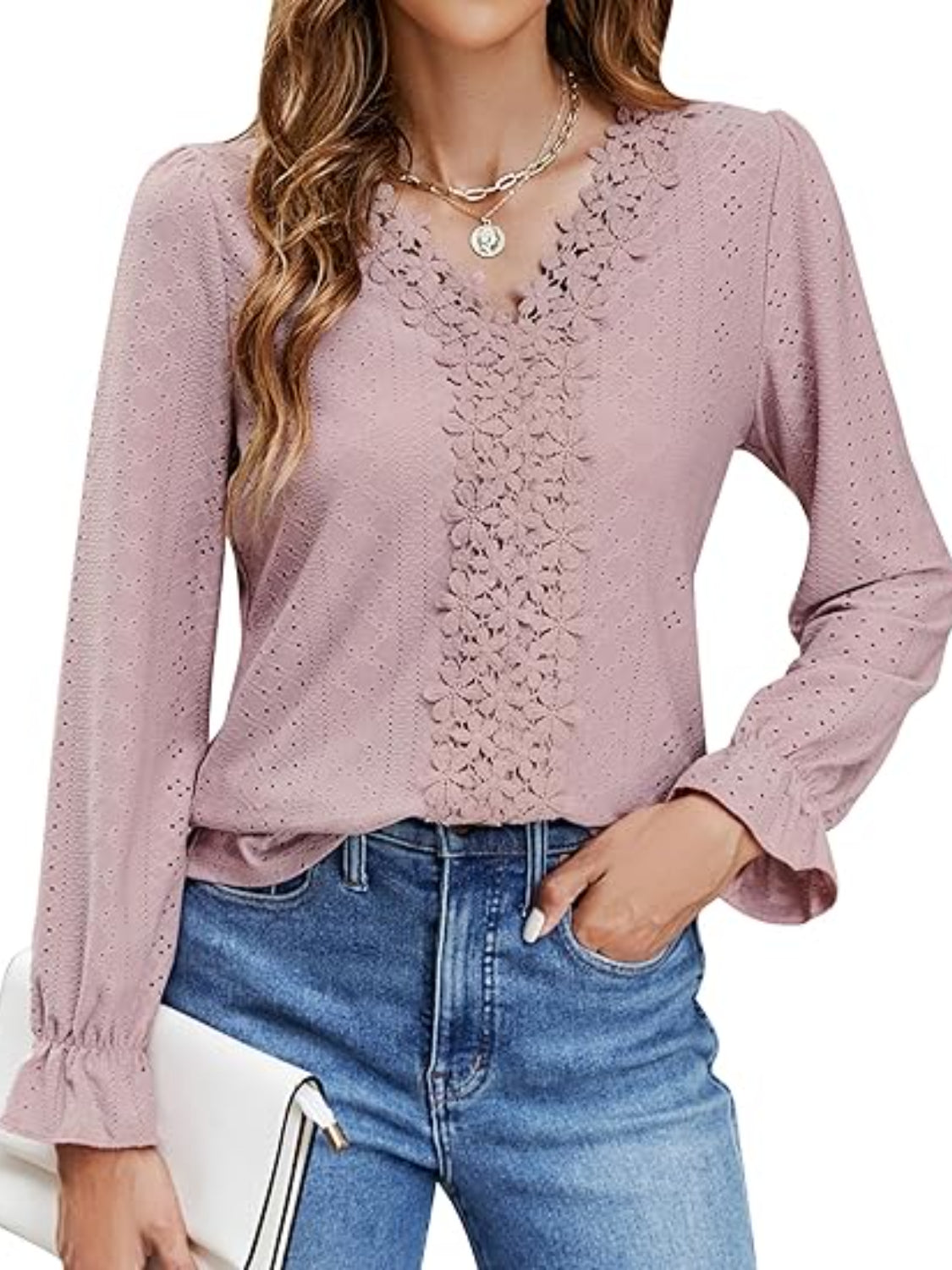 Lace Detail Eyelet V-Neck Flounce Sleeve Blouse - felvior