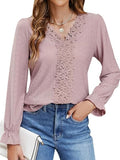Lace Detail Eyelet V-Neck Flounce Sleeve Blouse - felvior