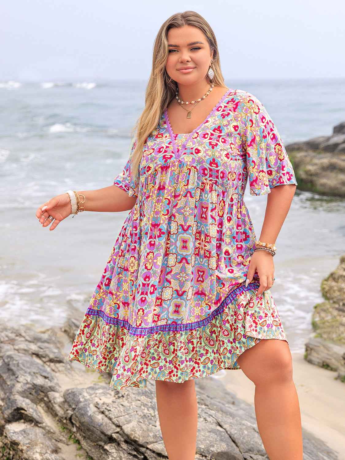Plus Size Lace Detail Printed Half Sleeve Dress - felvior