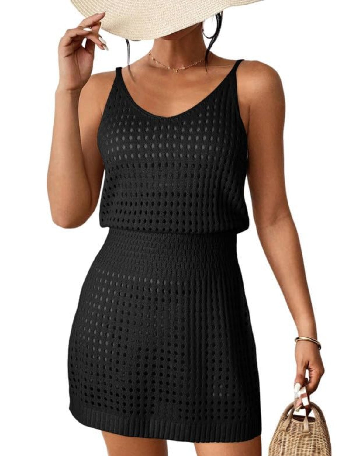 Openwork V-Neck Sleeveless Cover Up Dress - felvior