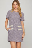 She + Sky Full Size Short Sleeve Pearl Studded Trim Knit Tweed Dress Plus Size - felvior