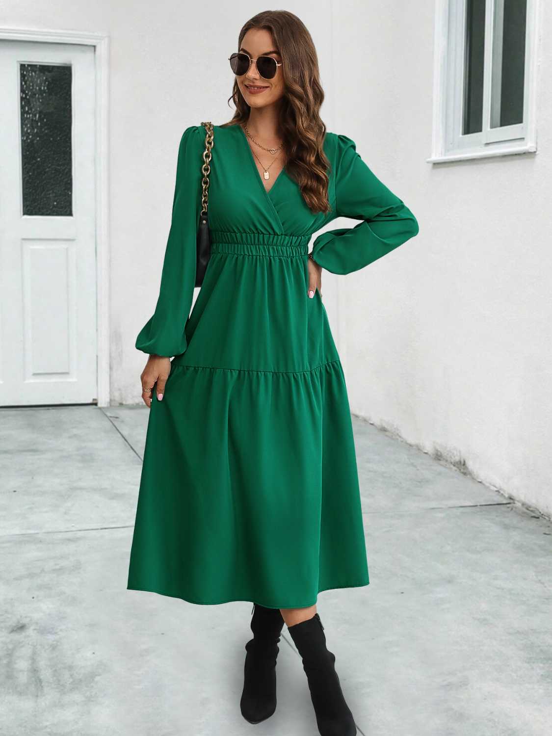 Surplice Neck Long Sleeve Midi Dress - felvior