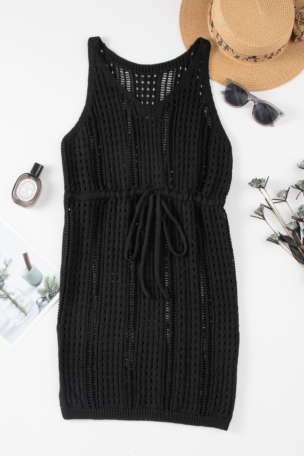 Openwork Slit V-Neck Sleeveless Cover Up Dress - felvior