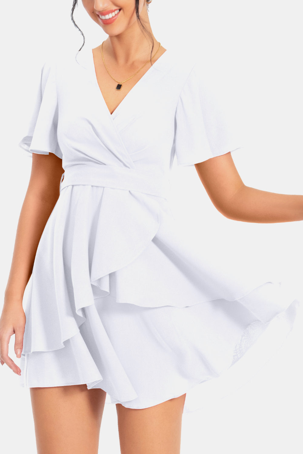 Surplice Neck Flutter Sleeve Dress - felvior