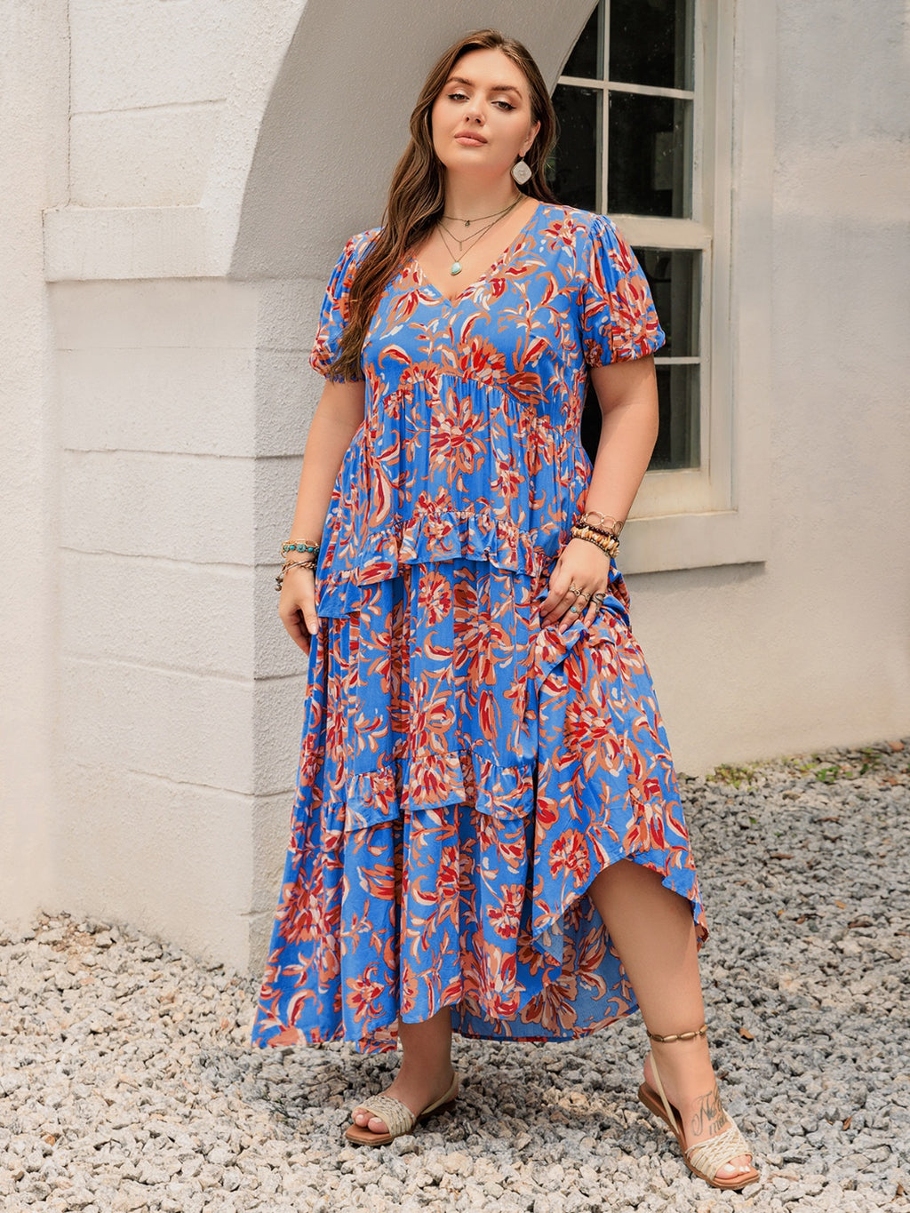 Plus Size Ruffled Printed V-Neck Short Sleeve Maxi Dress