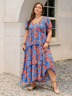 Plus Size Ruffled Printed V-Neck Short Sleeve Maxi Dress
