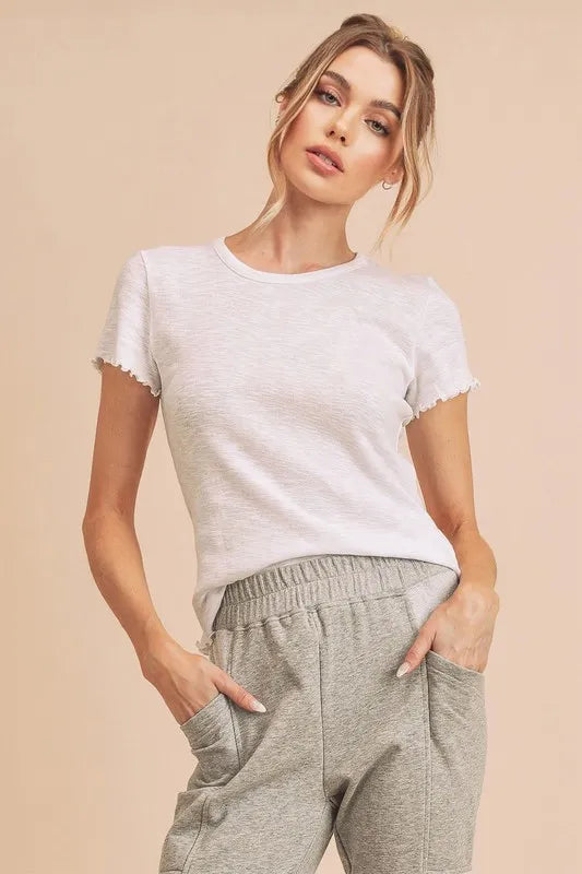Aemi+Co Round Neck Lettuce Hem Short Sleeve T-Shirt - felvior