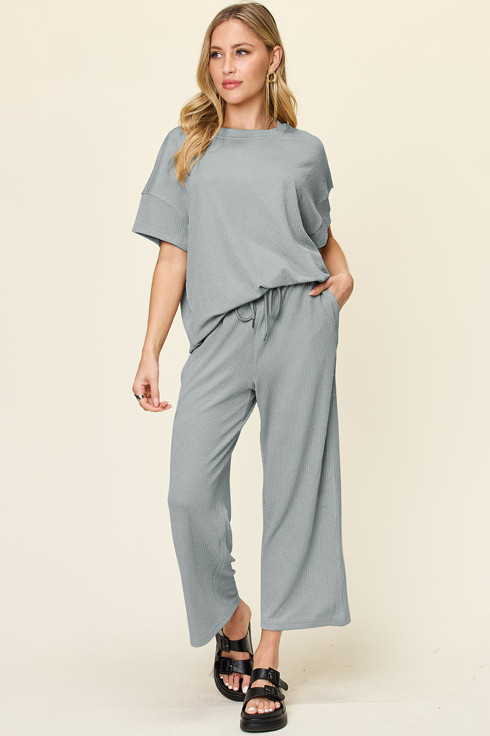Double Take Full Size Texture Round Neck Short Sleeve T-Shirt and Wide Leg Pants - felvior