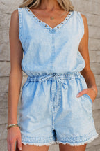 Raw Hem Studded V-Neck Drawstring Sleeveless Denim Romper