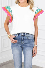 Ruffled Round Neck Cap Sleeve Top