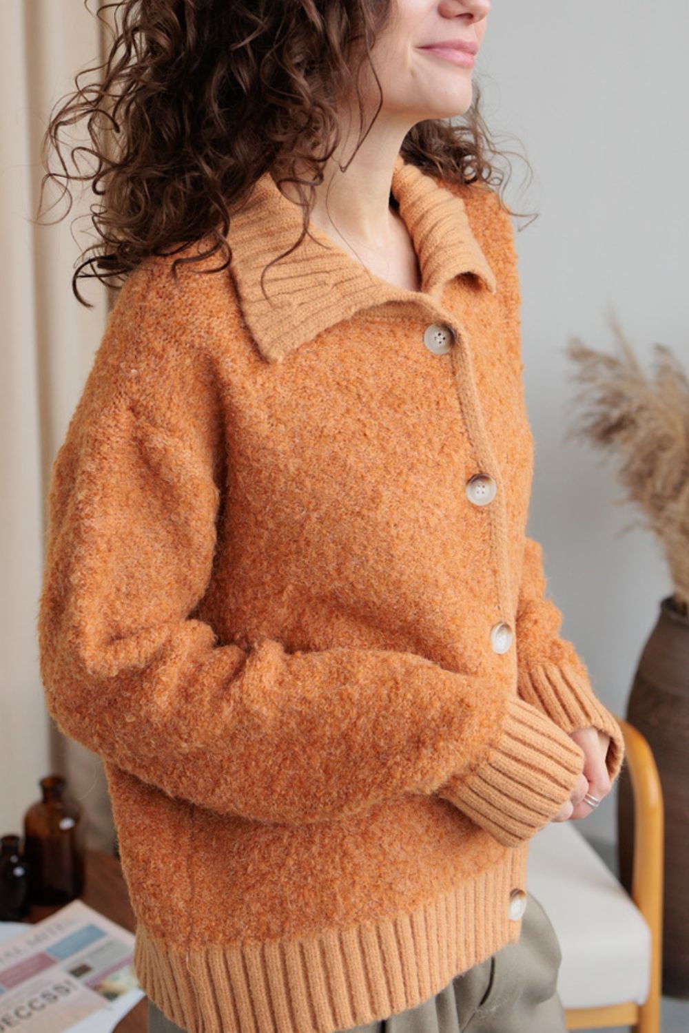 Collared Neck Button Down Long Sleeve Cardigan - felvior