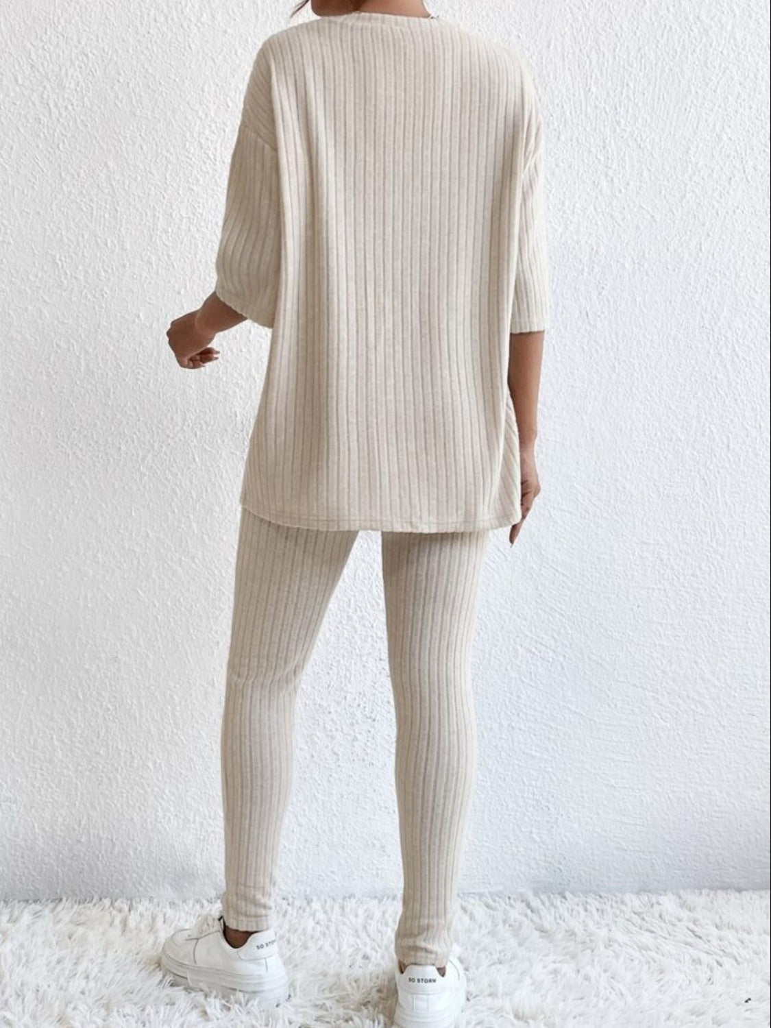 Ribbed Round Neck T-Shirt and Pants Lounge Set Secondary image