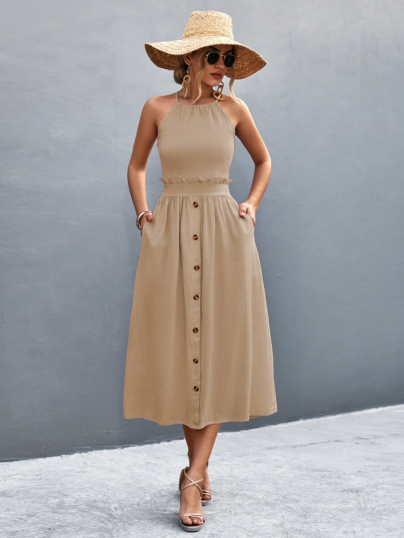 Buttoned Halter Neck Frill Trim Midi Dress - felvior