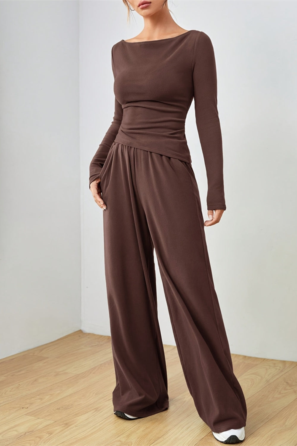 Boat Neck Long Sleeve Top and Pants Set