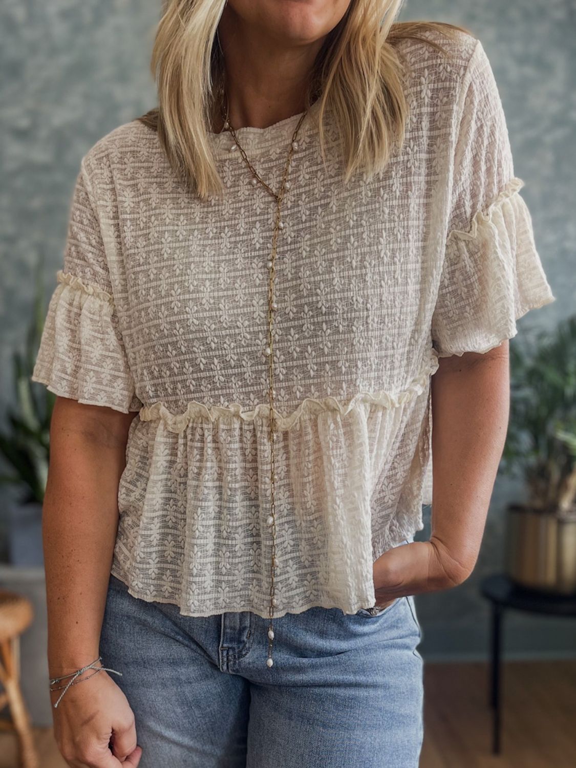 Frill Round Neck Half Sleeve Blouse