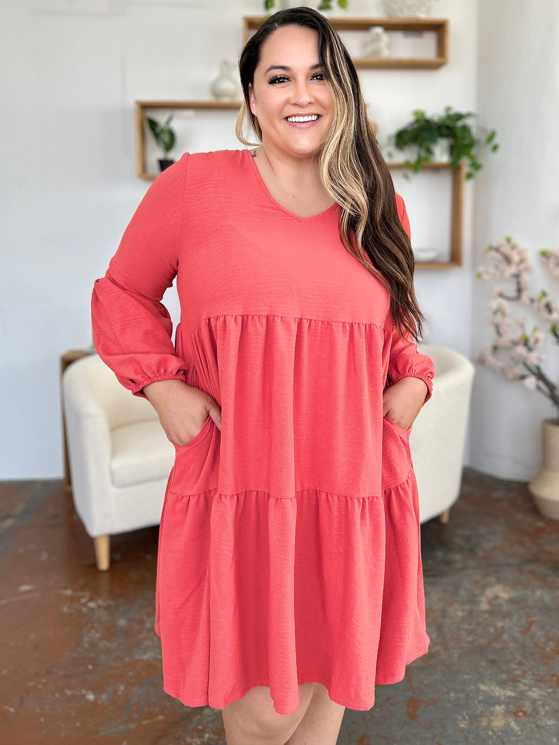 Double Take Full Size V-Neck Balloon Sleeve Tiered Dress with Pockets - felvior