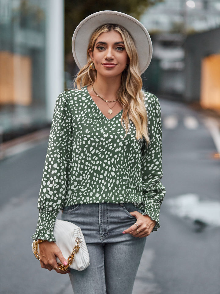 Printed V-Neck Lantern Sleeve Blouse - felvior