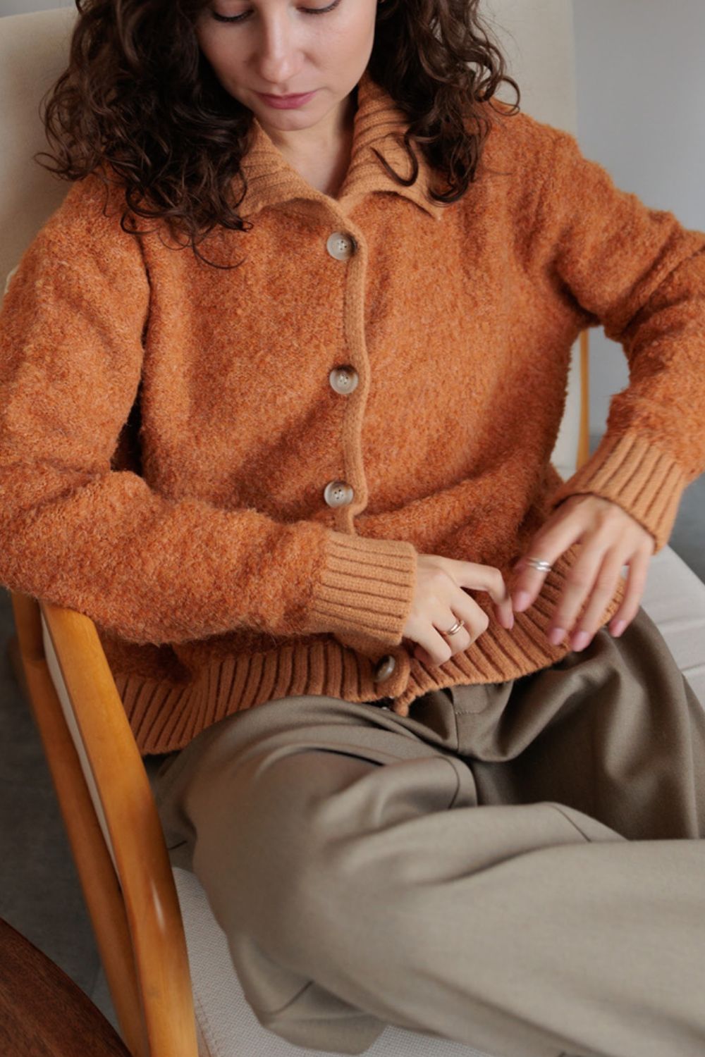 Collared Neck Button Down Long Sleeve Cardigan - felvior