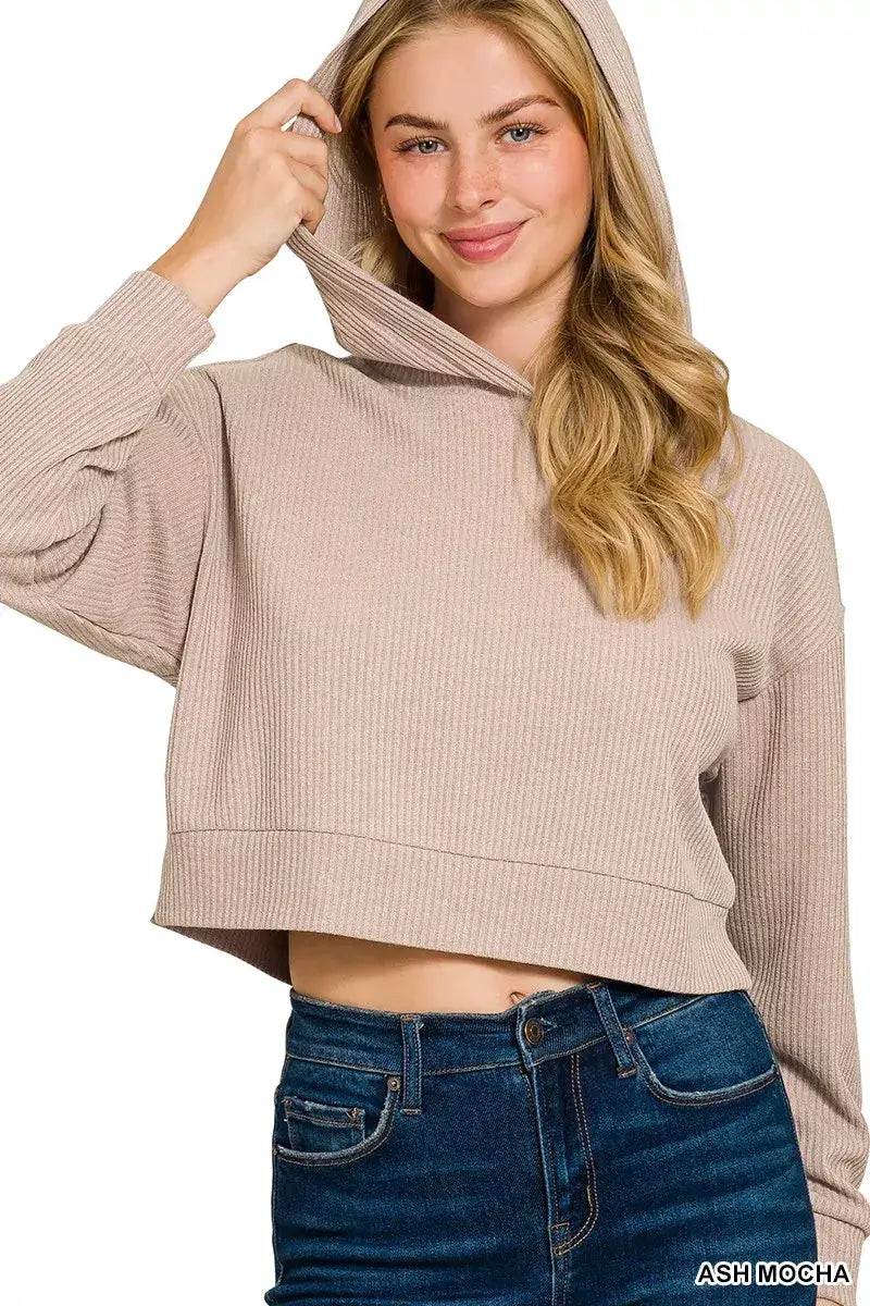 Zenana Drop Shoulder Ribbed Crop Hoodie