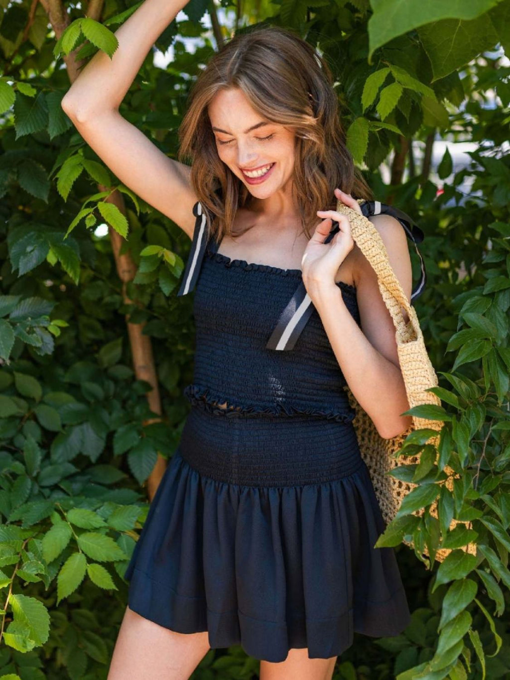 Smocked Tie Shoulder Top and Mini Skirt Set