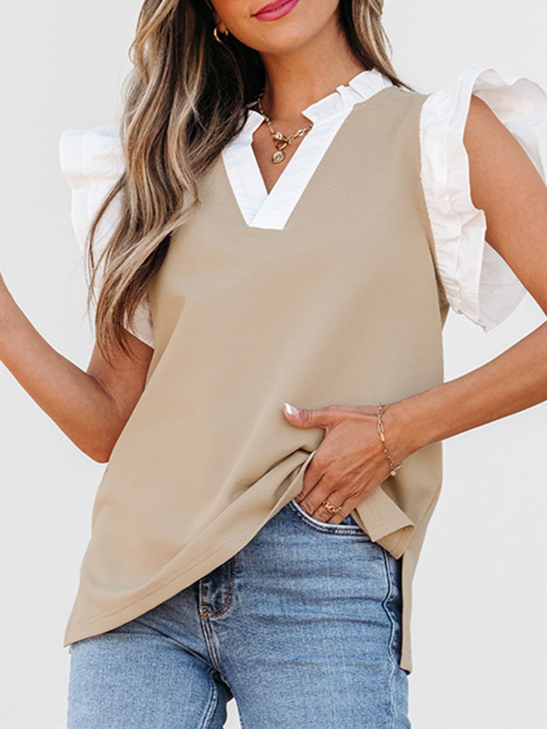 Ruffled Notched Cap Sleeve Top - felvior