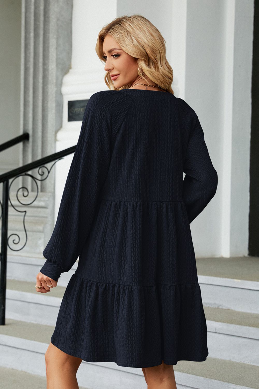 Notched Neck Long Sleeve Mini Dress - felvior