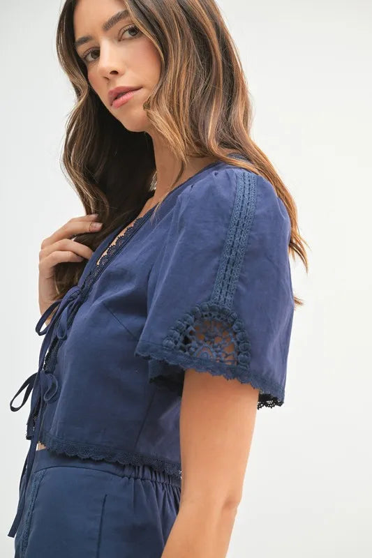 MABLE Crochet Lace Detail Crop Top and Shorts Set - felvior