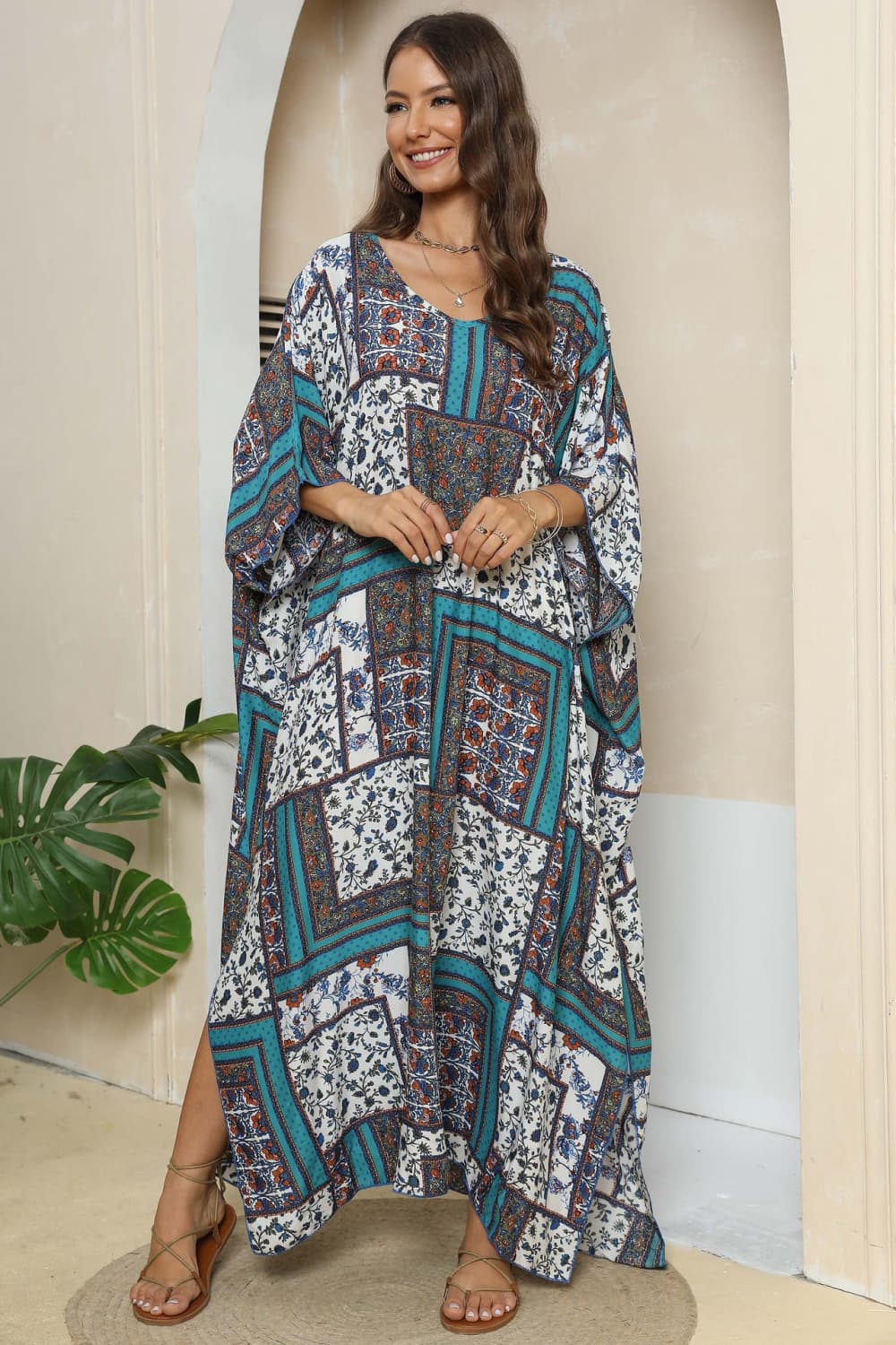 Printed V-Neck Split Maxi Dress - felvior