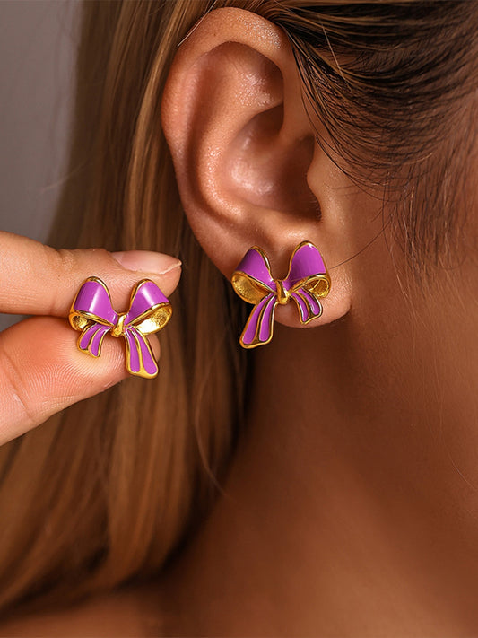 Stainless Steel Oil Drip Bow Stud Earrings - felvior
