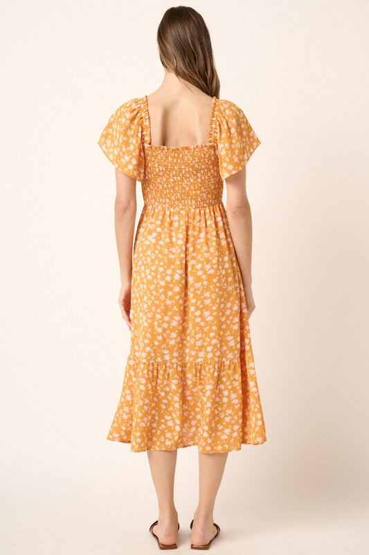 Mittoshop Flower Print Flutter Sleeve Smocked Midi Dress - felvior