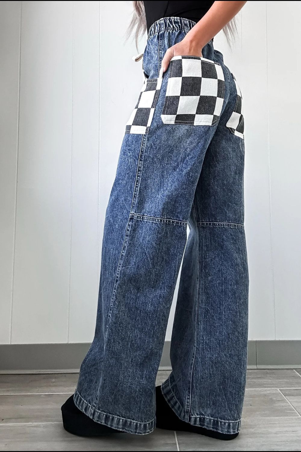 Checkered Wide Leg Jeans - felvior